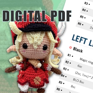 Puede incluir: Patrón de crochet para una linda muñeca amigurumi con ropa roja y blanca, cabello rubio y ojos marrones. El patrón incluye instrucciones para el lado izquierdo de la muñeca, utilizando hilo negro. El patrón se titula "DIGITAL PDF" e incluye instrucciones para hacer la cabeza, los brazos y las piernas de la muñeca.