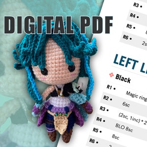 May include: Crochet amigurumi pattern instructions for a character with teal hair, a purple and blue dress, and a brown belt. The pattern includes instructions for the left leg, using black yarn.
