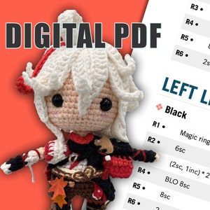 Puede incluir: Un patrón de crochet para un personaje con cabello blanco, ropa roja y negra y un sombrero rojo y blanco. El patrón incluye instrucciones para la pierna izquierda, utilizando hilo negro. Las instrucciones incluyen los siguientes pasos: Anillo mágico, 6pa, (2pa, 1aum) * 2, 8pa BLO, 8pa, 2pa, (2pa, 1aum) * 2.