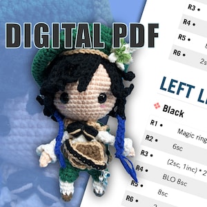 Puede incluir: Patrón de amigurumi de crochet para un personaje con cabello negro, ropa verde y detalles azules. El patrón incluye instrucciones para la pierna izquierda, usando hilo negro y un anillo mágico.