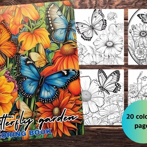 Butterfly Garden coloring book, Adults + kids- Instant Download Grayscale Coloring Page, Printable PDF, Butterflies, Flowers, Nature