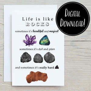 Life is Like Rocks Biglietto d'auguri, download digitale, stampabile, geologia, geologo, compleanno, anniversario, regalo, formato A6, 4,5 x 6,25 pollici
