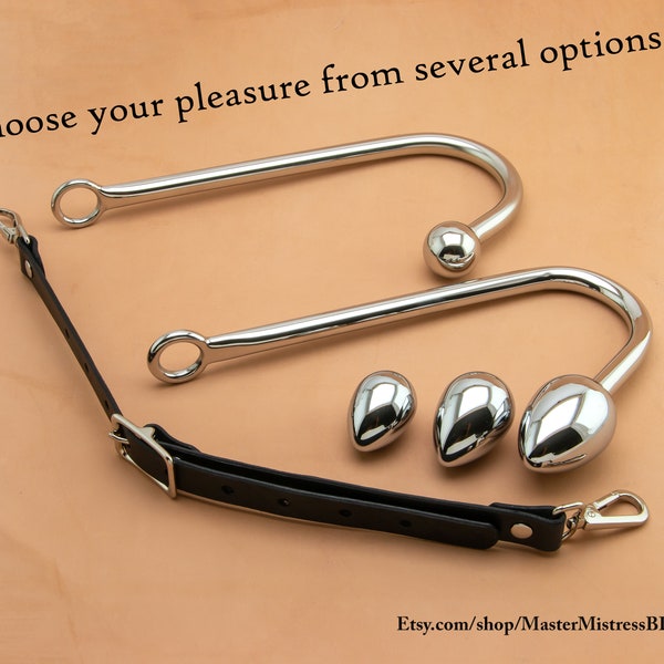 Anal Hook with Leather Strap, Optional Collar, stainless steel anal hook, butt plug, Mature