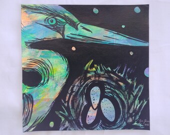 Heron Mother and Eggs in Nest - Colorful Neon Black Acrylic Painting on Canvas