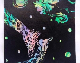 Giraffe Mother and Baby - Colorful Neon Black Acrylic Painting on Canvas