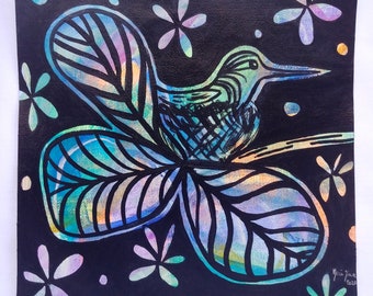 Hummingbird Mother in Nest - Colorful Neon Black Acrylic Painting on Canvas