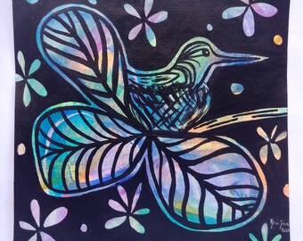 Hummingbird Mother in Nest - Colorful Neon Black Acrylic Painting on Canvas