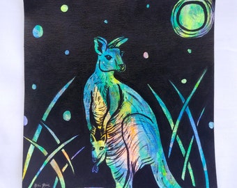 Kangaroo Mother and Baby - Colorful Neon Black Acrylic Painting on Canvas