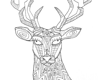 Geo Deer // Giclee Geometrical Animal Buck Drawing Black and White Spiral Print