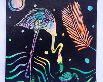 Flamingo Mother and Baby - Colorful Neon Black Acrylic Painting on Canvas