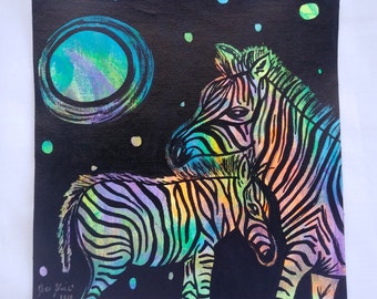 Zebra Mother and Baby - Colorful Neon Black Acrylic Painting on Canvas