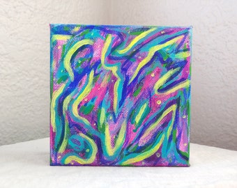 Bright Idea // Abstract Intuitive Neon Yellow Blue Pink Swirl Acrylic Canvas Square Painting