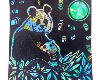 Panda Mother and Baby - Colorful Neon Black Acrylic Painting on Canvas