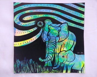 Elephant Mother and Baby - Colorful Neon Black Acrylic Painting on Canvas