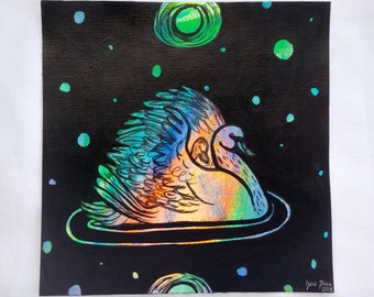 Swan Mother and Baby - Colorful Neon Black Acrylic Painting on Canvas