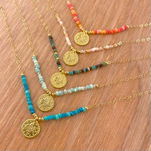 Gold Coin Charm Seed Bead Necklace