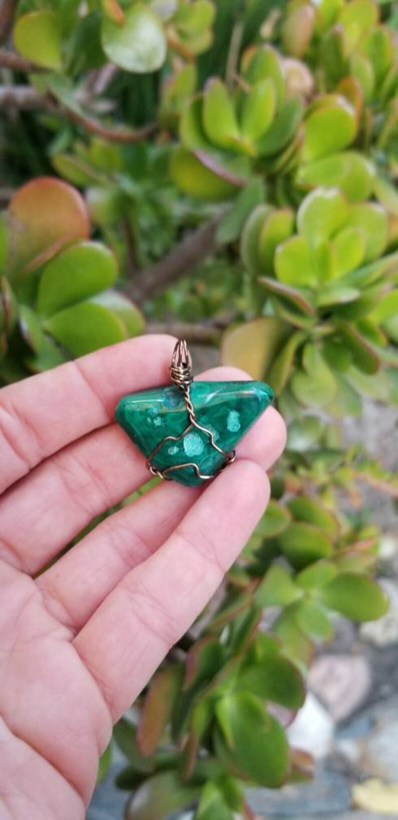 Tumbled Malachite Wired Wrapped Stone Pendant Necklace