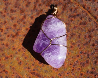 Tumbled Amethyst Crystal Wire Wrapped Pendant Necklace