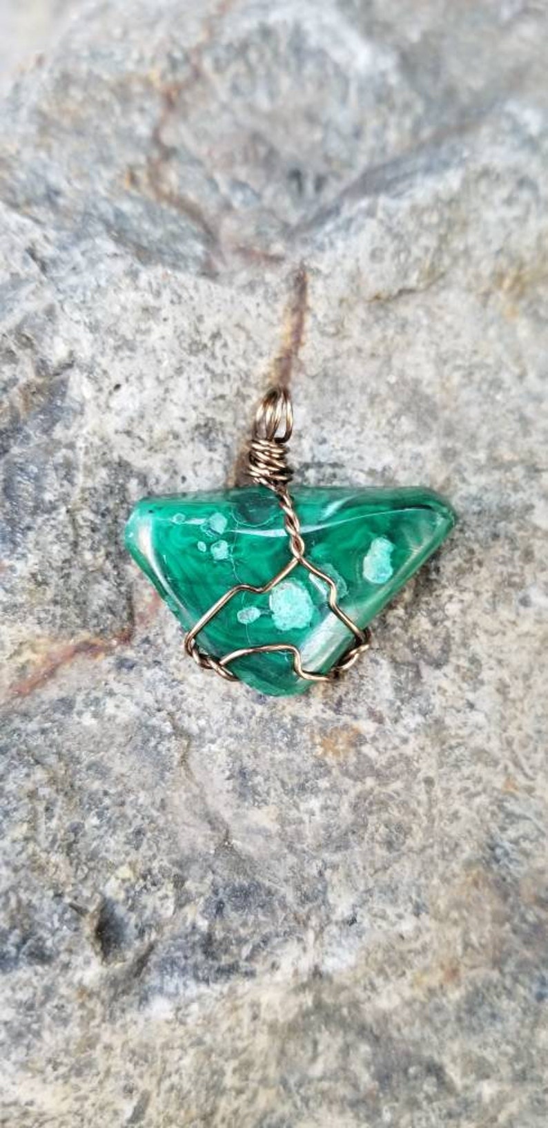 Tumbled Malachite Wired Wrapped Stone Pendant Necklace