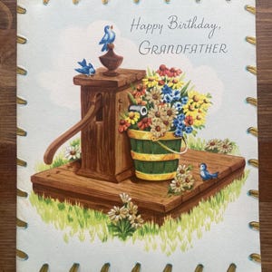 Tarjeta de felicitación de cumpleaños vintage para abuelo con pájaro azul y flores, marca Munson, años 50