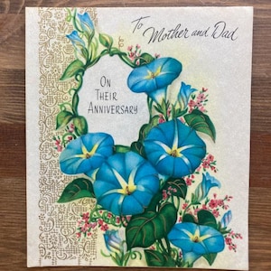 Tarjeta de felicitación vintage, aniversario de bodas para mamá y papá con flores azules y rosas, marca Munson, años 50.