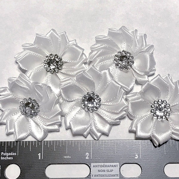 SATIN RIBBON FLOWERS w/ Rhinestone, No Clip Flowers, Wedding, Hair Accessory, Headband, Crafting, Hair Bow, Cabochon, Mum Supply Flower 1.5