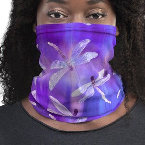Purple Dragonfly Neck Gaiter, Designer Print Face Cover, Ski Face Mask, Beanie, Scarf, Headband, Ponytail, Neck Warmer, Fashion Accessory