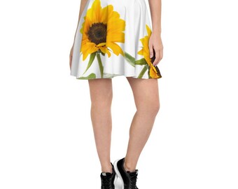 Parties Skating Beach Trip Ecofriendly Fabric Short Skater Skirt with Sunflower Painting in Vibrant Colors with Leaves and Purple Shades