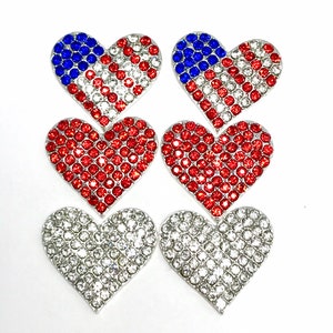 Rhinestone Heart No Shank Button, Red White Blue Cabochon, Sparkle Flat Back Crystal Heart, DIY Wedding Bouquet, Craft Embellishment 24mm