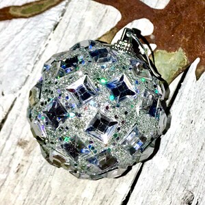 Handmade Christmas Ornament, Bling Rhinestone Silver Christmas Tree Decor, Glam Holiday Ornament Decoration, Rhinestone Ball Accent Decor