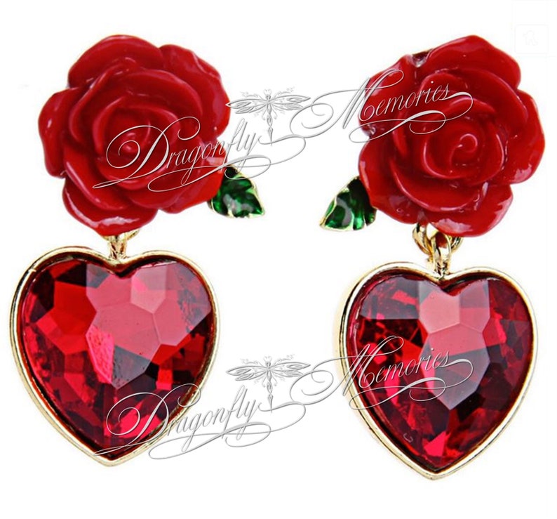 ROSE HEART EARRINGS Red Heart & Rose Jewelry Valentine Etsy