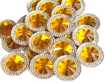 Yellow Bling Acrylic Round Flat Back, Round Rhinestone Applique, Crystal Button, DIY Wedding Resin Cabochon Craft DIY Craft Scrapbooking