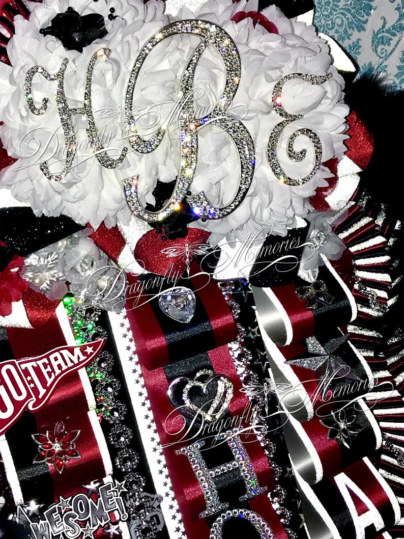 Double Homecoming Mum wRhinestone Monogram Sophomore Freshman Junior Senior Braids Loop Ribbons-Mega Double Homecoming Mum Deluxe Mum