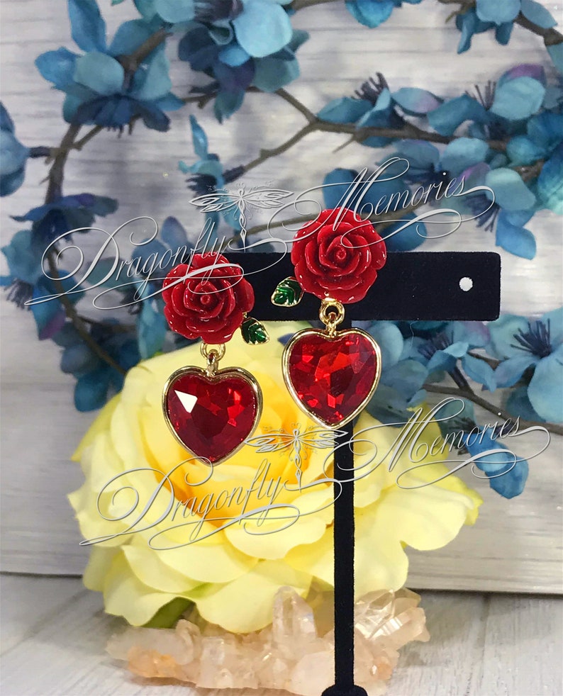 ROSE HEART EARRINGS Red Heart & Rose Jewelry Valentine Etsy