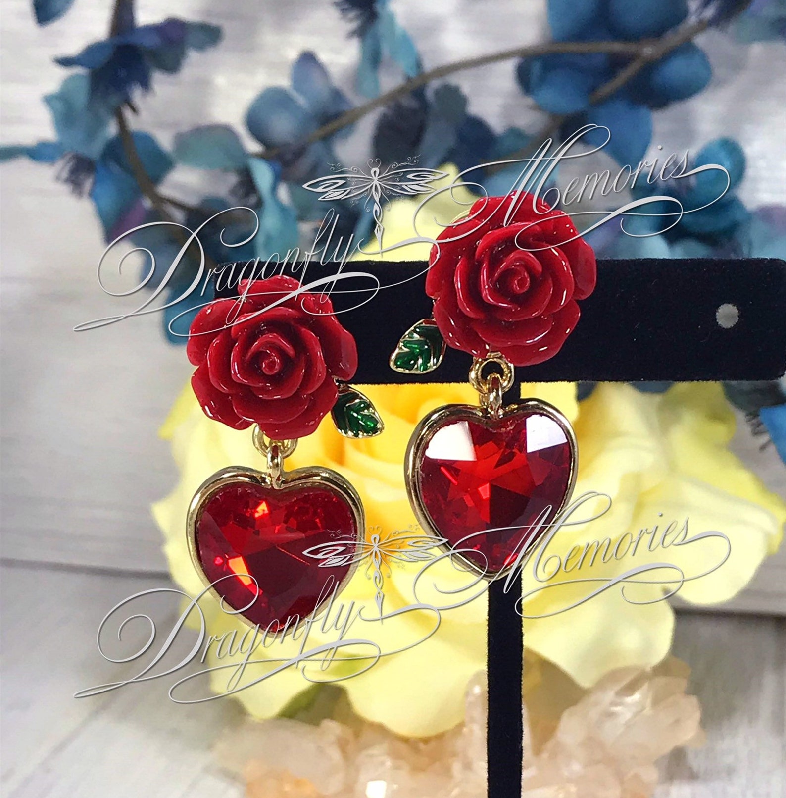 ROSE HEART EARRINGS Red Heart & Rose Jewelry Valentine Etsy