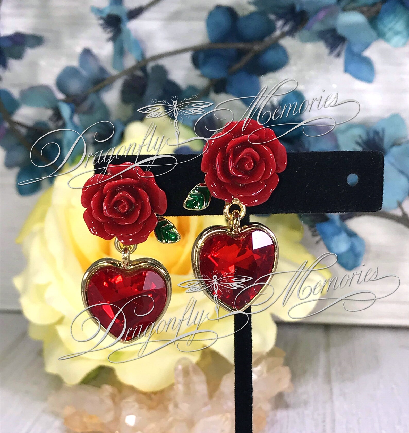 ROSE HEART EARRINGS Red Heart & Rose Jewelry Valentine Etsy