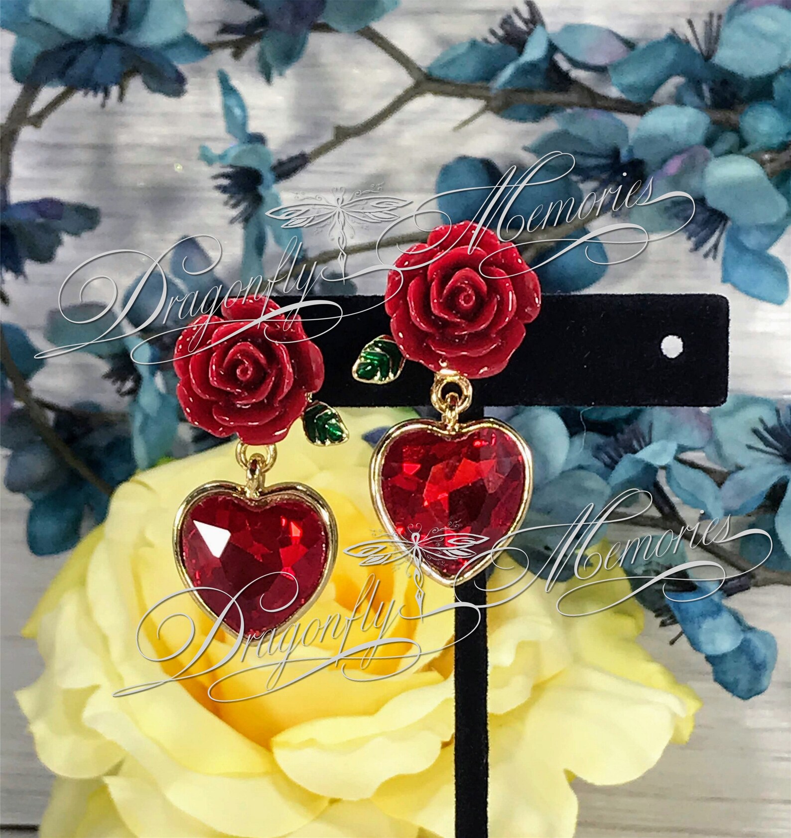 ROSE HEART EARRINGS Red Heart & Rose Jewelry Valentine Etsy