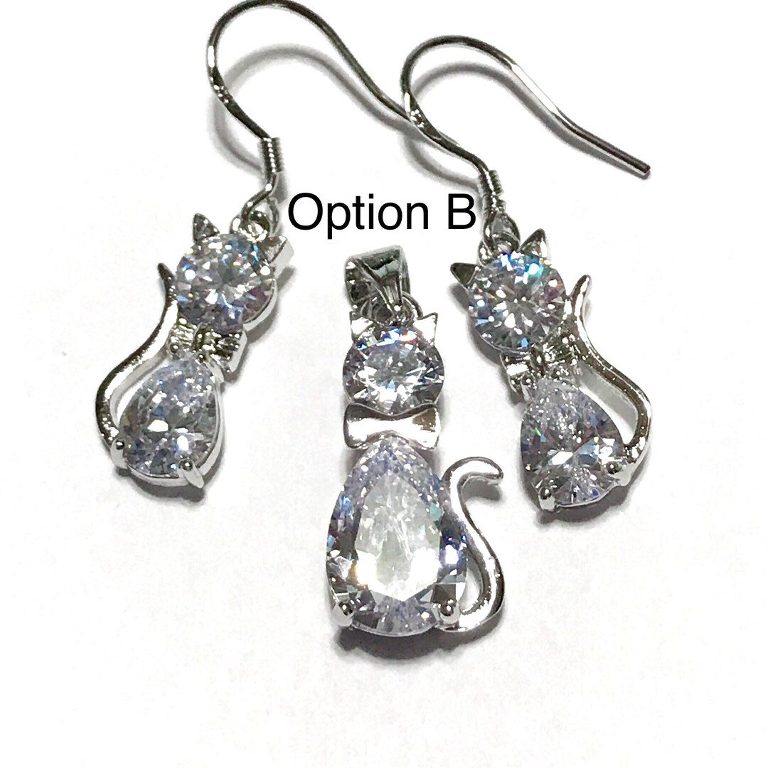 CAT SILVER EARRINGS, Kitty Rhinestone Dangle Earrings Gift. Cute Kitten