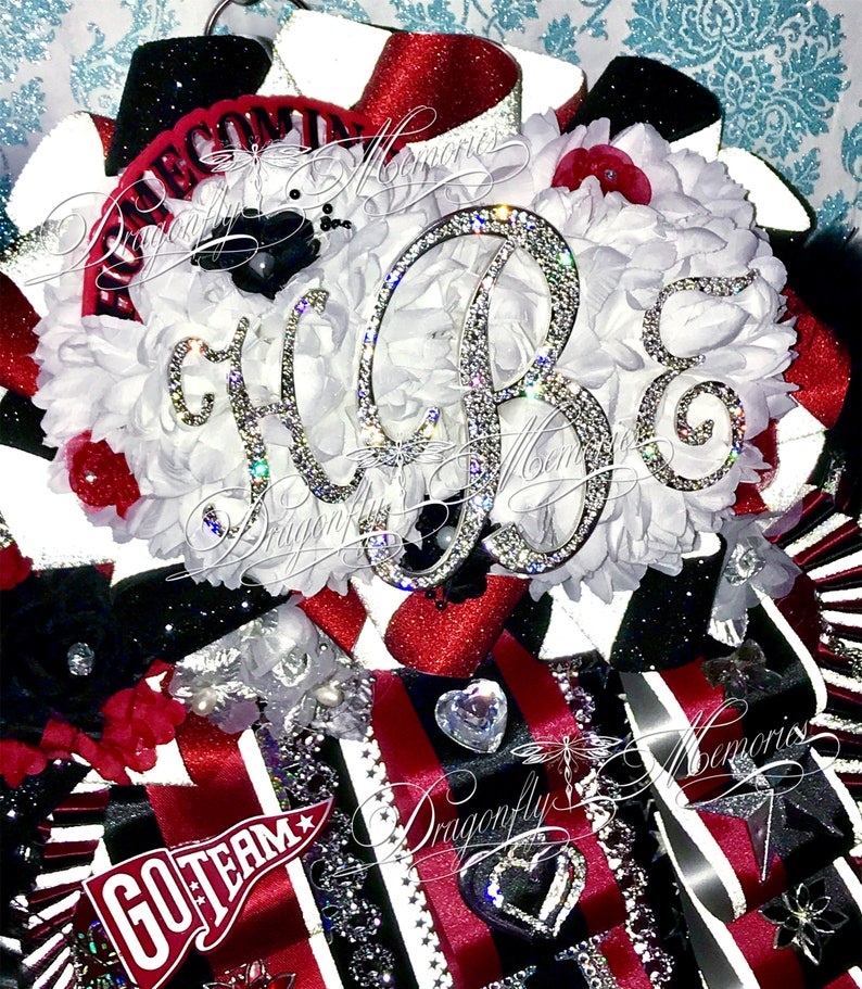 Double Homecoming Mum wRhinestone Monogram Sophomore Freshman Junior Senior Braids Loop Ribbons-Mega Double Homecoming Mum Deluxe Mum