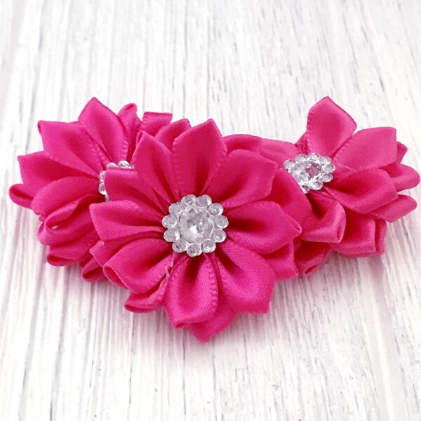 Satin Flowers w/ Rhinestone Center 3 pc 1.5", DIY Wedding, Hair Accessory, Headband, Crafting, Hair Bow, Cabochon, Homecoming Supply