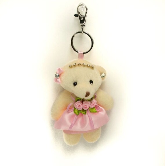 PLUSH TEDDY BEAR Keychain Zipper Pull Rhinestone Bear Charm 