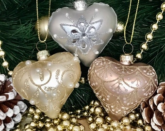 Rhinestone Heart Christmas Ornament - Silver Gold Rose Gold Pretty Christmas Tree Decor, Glam Holiday Ornament Decoration Heart Accent Decor