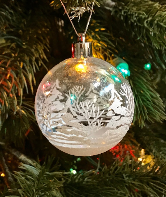 Snow Scene Christmas Tree Ball Ornament White Glitter Christmas
