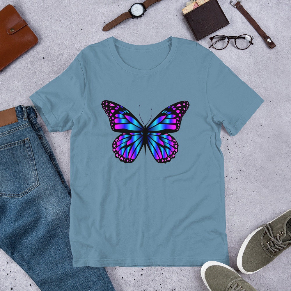 Butterfly Summer Pretty Blue Woman Top, Women\'s Cute Unisex Tshirt, Fashion Butterflies Etsy Gift, Shirt, Fun Boho Spring Floral Short-sleeve, -