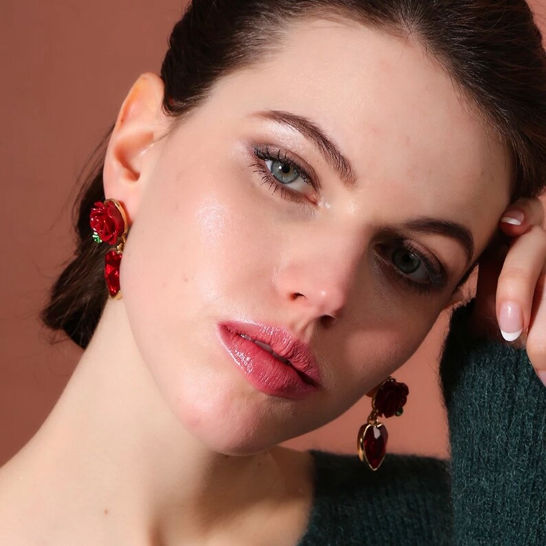 ROSE HEART EARRINGS Red Heart & Rose Jewelry Valentine Etsy