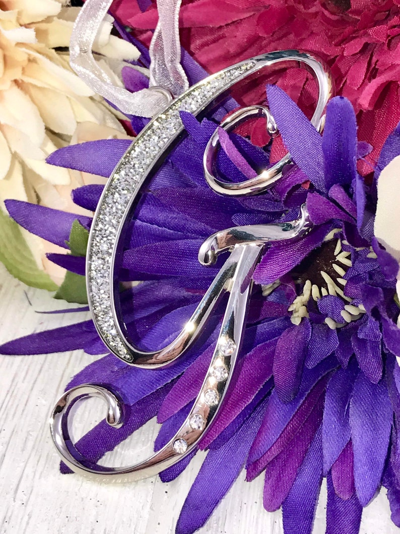 Christmas Silver Initial Ornament Christmas Rhinestone Etsy