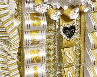 TRIPLE HOMECOMING BLING Mum w/ Rhinestone Initial, Classic Senior Triple Homecoming Mum, Extra Large Homecoming Mum, Senior HoCo Mum