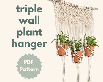 Alleen PDF-patroon - Macramé drievoudige wandplantenhanger (met knoopgids)