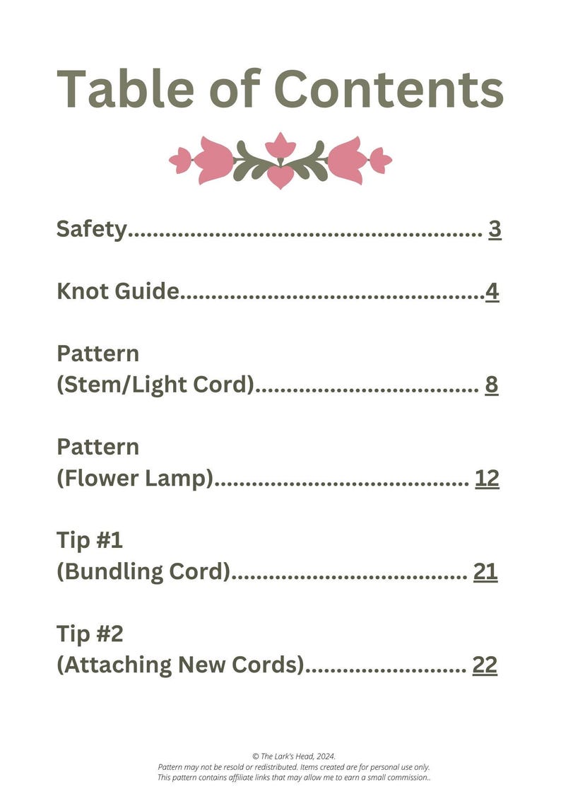 May include: Table of contents for a craft project with a floral design. The table of contents includes sections for safety, knot guide, pattern, and tips.