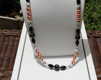 22" Beaded Necklace: Black Spinel, Snowflake Obsidian & Peach Pearl